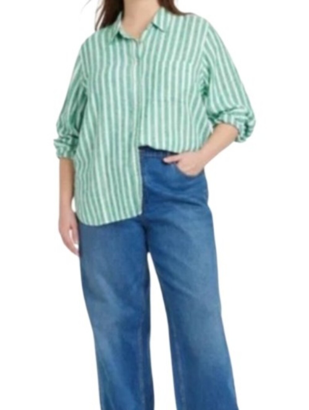 Green & White Striped Linen Button-Up Relaxed Fit Shirt Sz Xxl Nwt